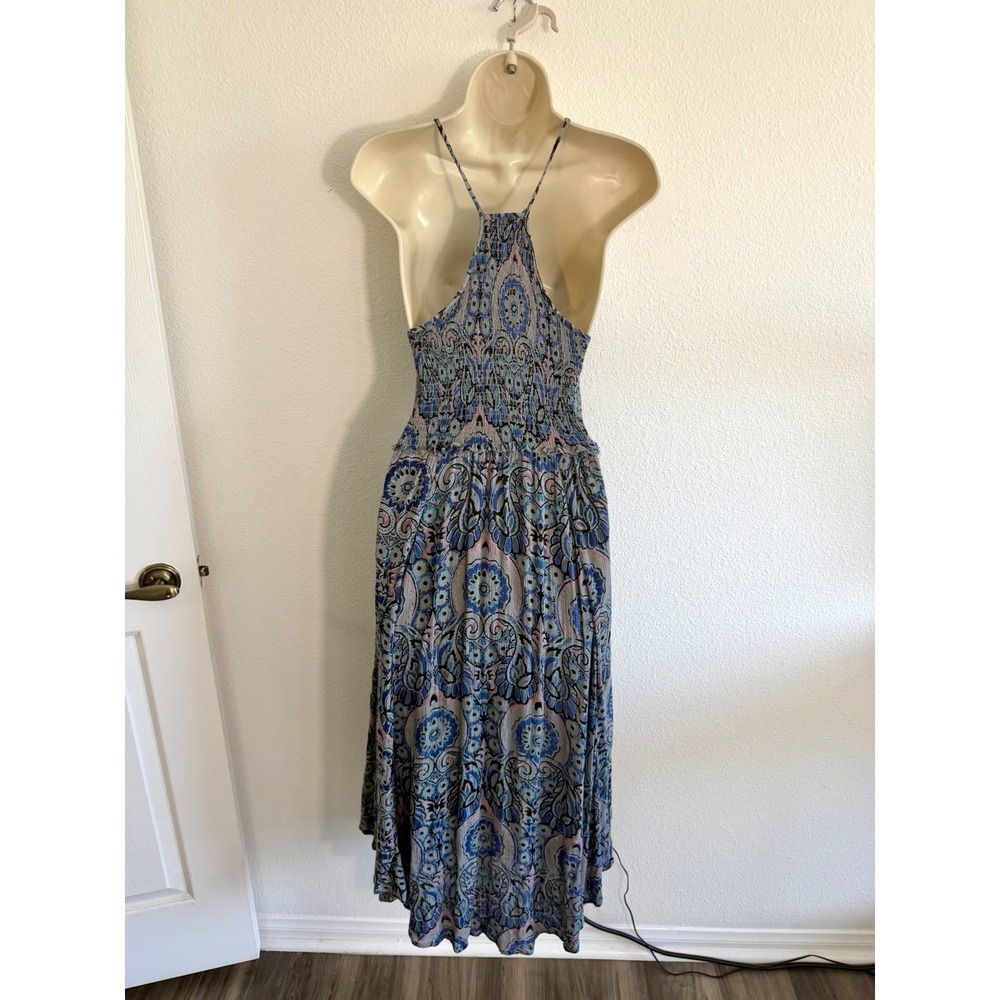 Free People Smocked Midi Dress Sz S Blue Paisley High Neck Sleeveless Boho Beach - Picture 10 of 12